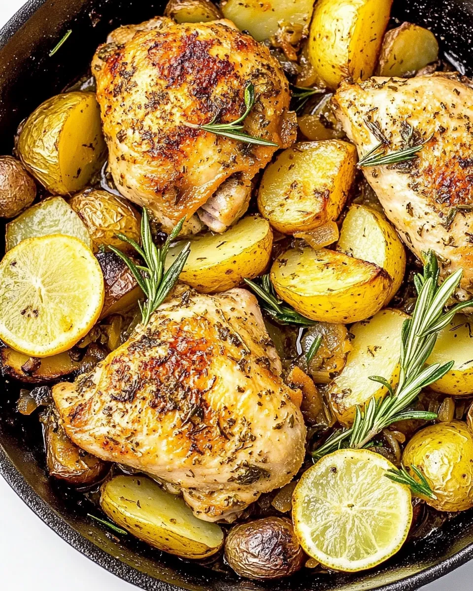 Delicious Lemon Herb Chicken And Potatoes Skillet shot