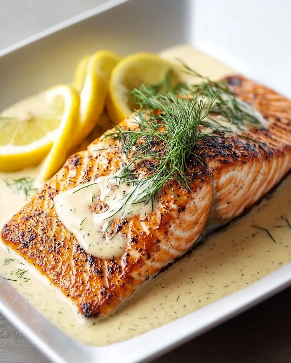 Easy Pan Seared Salmon with Creamy Lemon Dill Sauce food shot