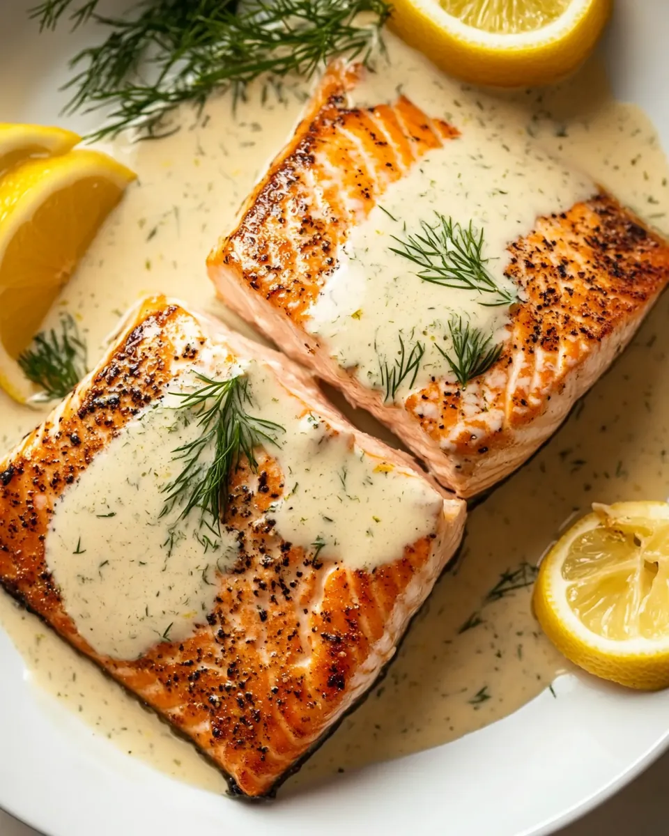 Delicious Pan Seared Salmon with Creamy Lemon Dill Sauce plate image