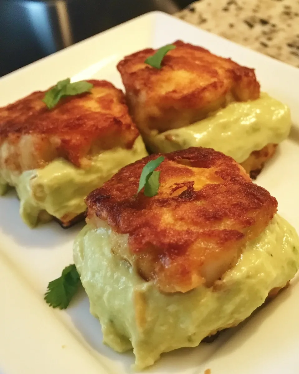 Delicious Plantain Wrapped Crab Cakes with Avocado Aioli shot