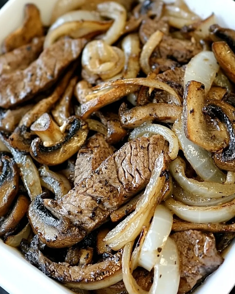 Delicious Quick Skillet Steak with Onions and Mushrooms shot