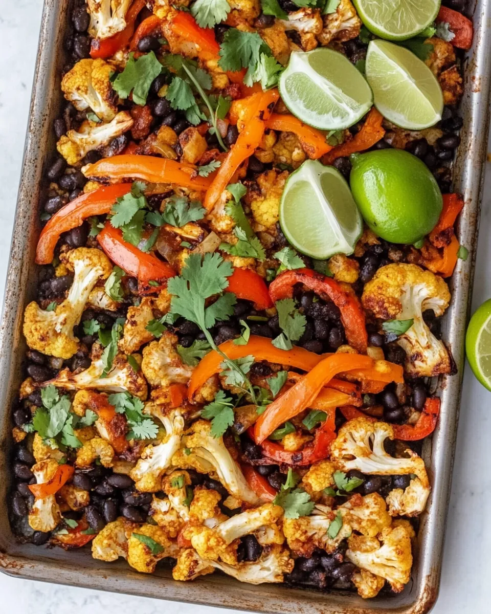 Delicious Roasted Cauliflower and Black Bean Sheet Pan Fajitas. food shot