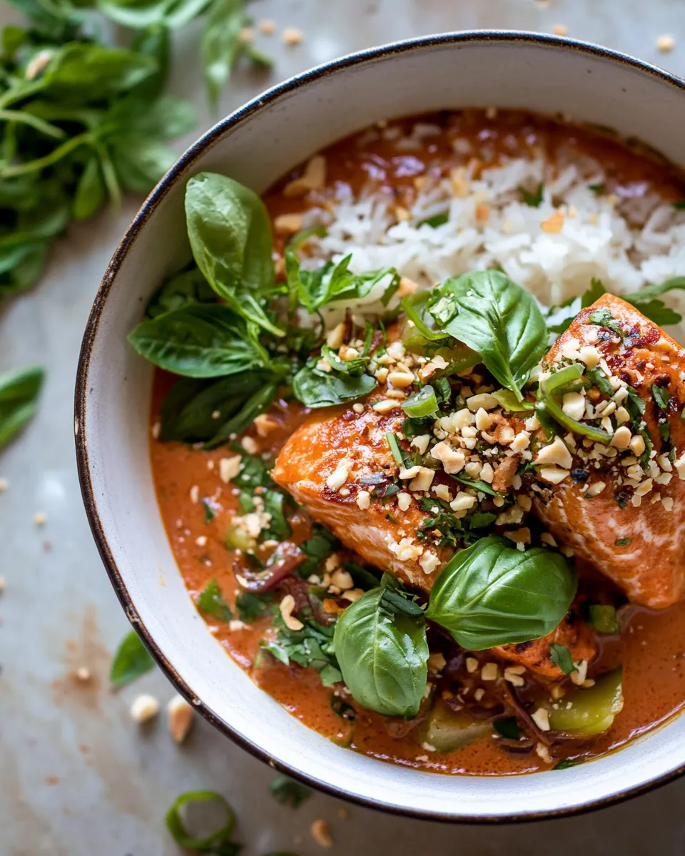 Homemade Saucy 30 Minute Thai Basil Salmon Curry. photo
