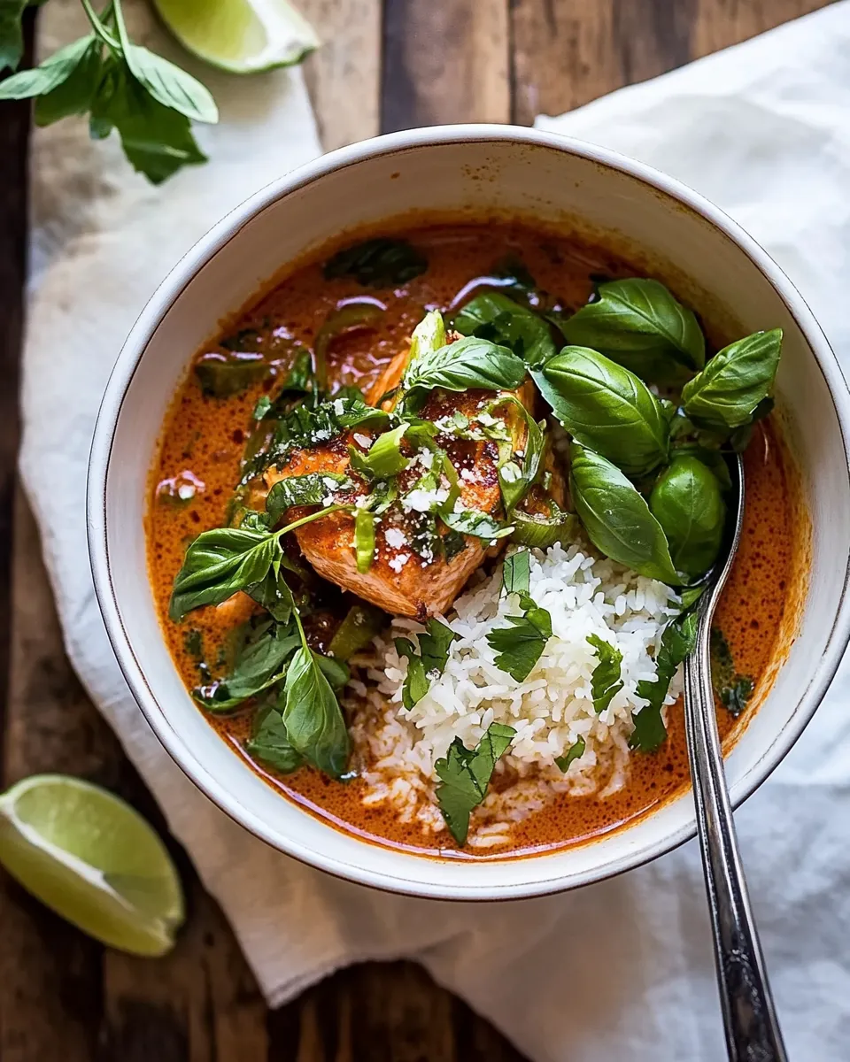 Delicious Saucy 30 Minute Thai Basil Salmon Curry. shot