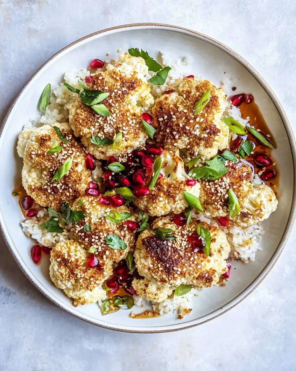 Homemade Sesame Crusted Cauliflower with Pomegranate Ponzu Sauce. food shot