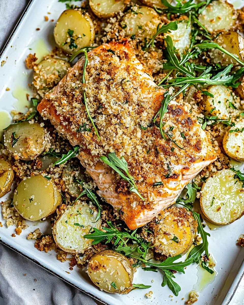 Homemade Sheet Pan Dijon Salmon and Panko Potatoes. photo