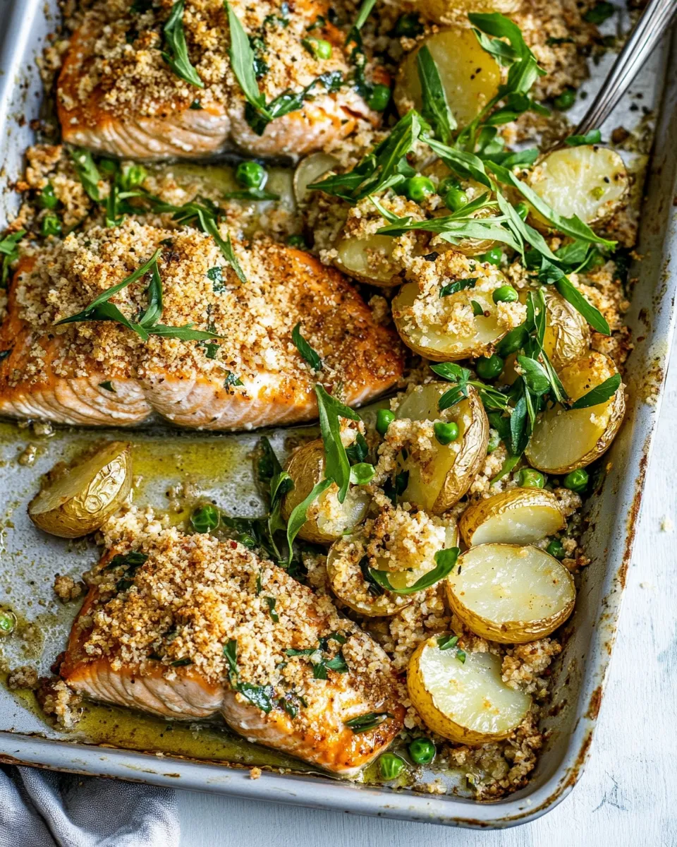 Delicious Sheet Pan Dijon Salmon and Panko Potatoes. shot