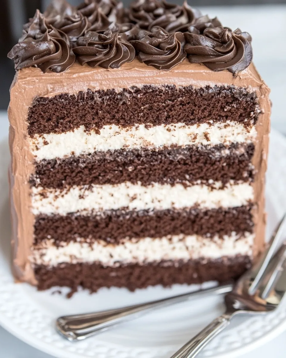 Homemade Six-Layer Chocolate Cake with Toasted Marshmallow Filling & Malted Chocolate Frosting photo