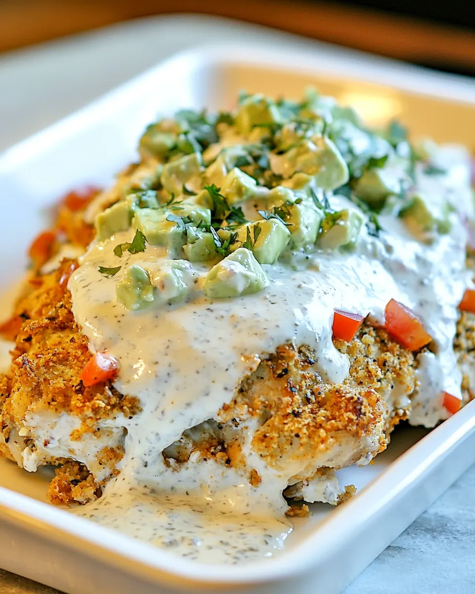 Delicious Smothered Nacho Chicken with Tomatillo Avocado Ranch Dressing shot