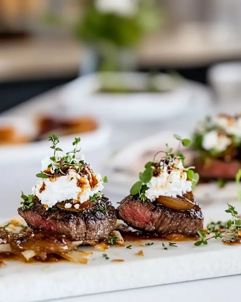 Homemade Steak Appetizer with Caramelized Onion and Boursin Garlic & Fine Herbs Cheese photo