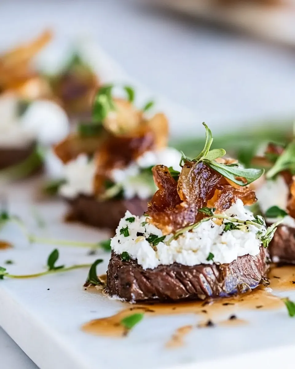 Delicious Steak Appetizer with Caramelized Onion and Boursin Garlic & Fine Herbs Cheese shot