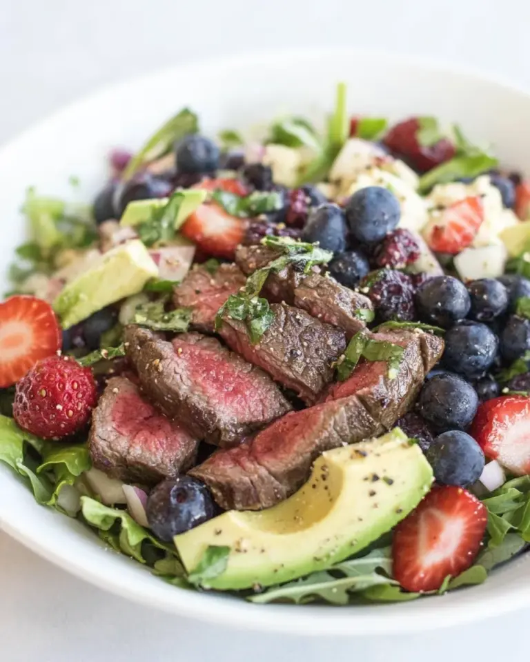 Homemade Steak Salad with Berries, Avocado and Goddess Dressing photo