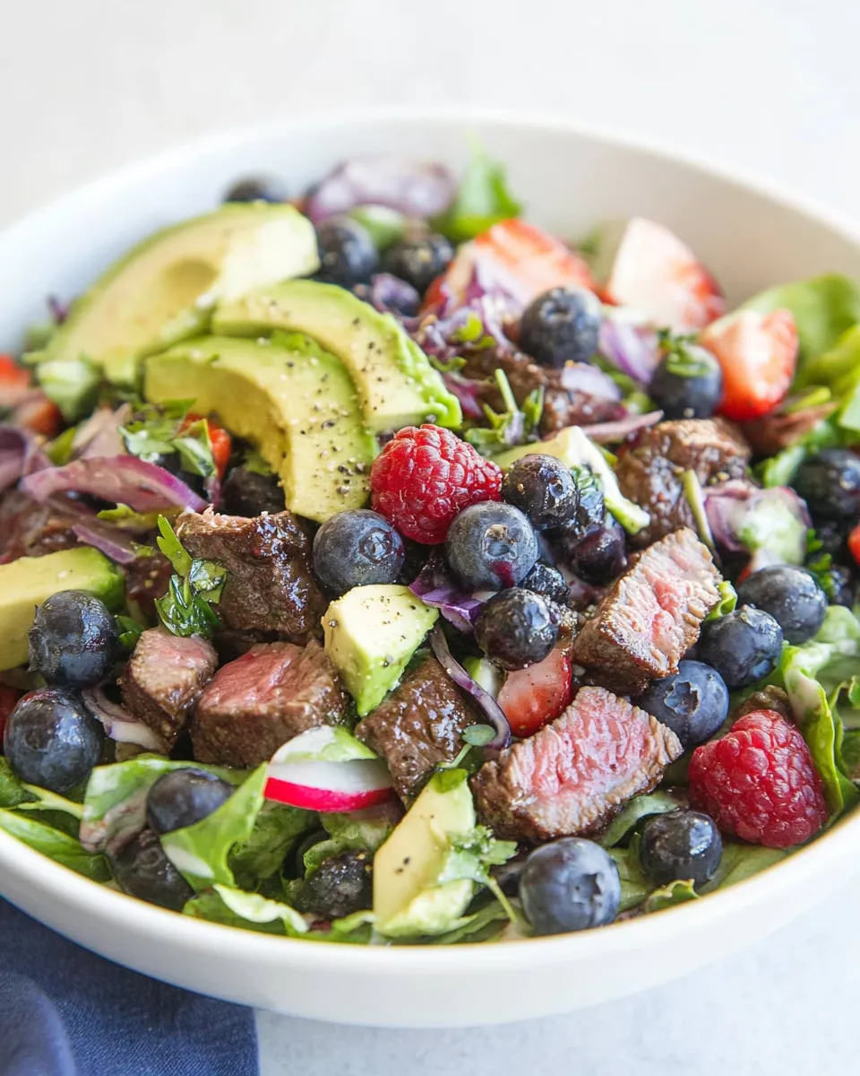 Classic Steak Salad with Berries, Avocado and Goddess Dressing image