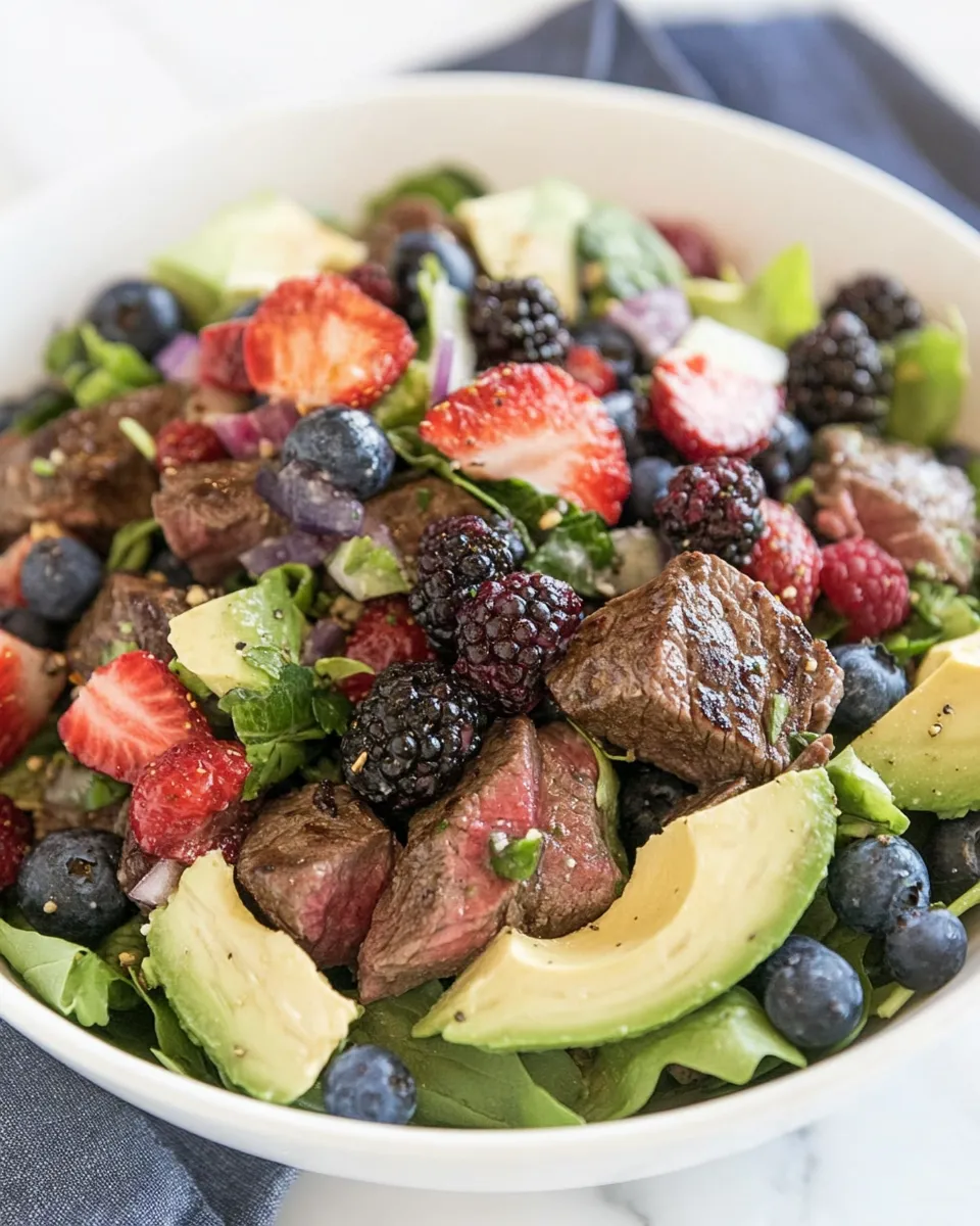 Delicious Steak Salad with Berries, Avocado and Goddess Dressing shot