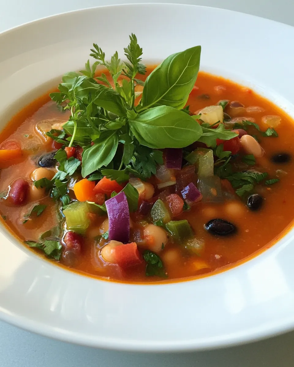 Homemade Three-bean soup with fresh basil & watercress photo