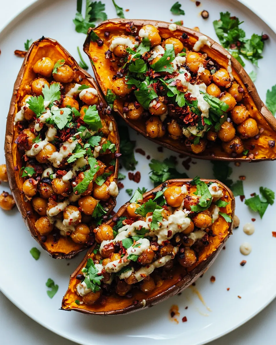Classic Vegan Stuffed Sweet Potatoes with Crispy Chickpeas & Tahini image