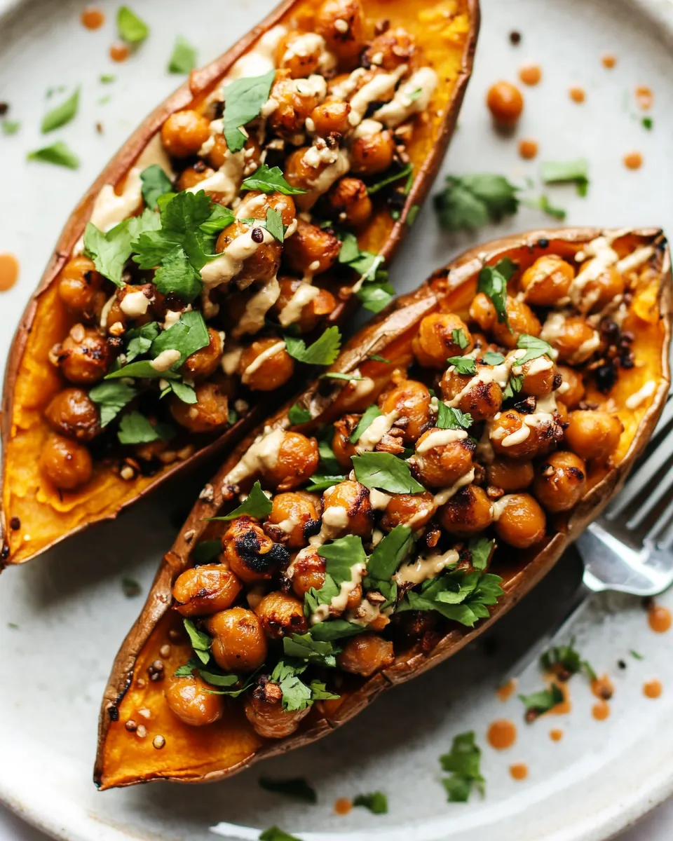 Delicious Vegan Stuffed Sweet Potatoes with Crispy Chickpeas & Tahini shot
