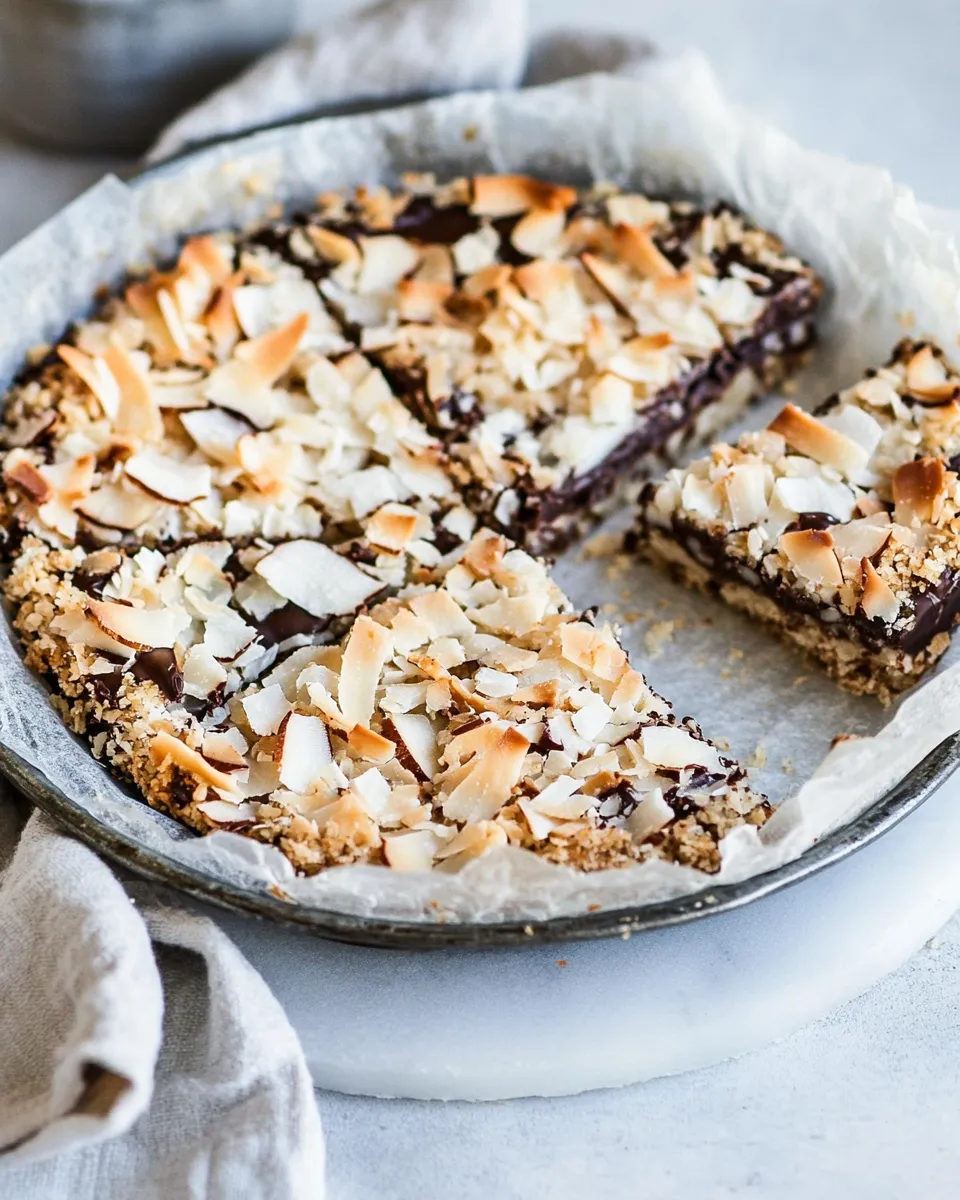 Delicious Warm Toasted Caramel Coconut Gooey Chocolate Crunch Bars. shot
