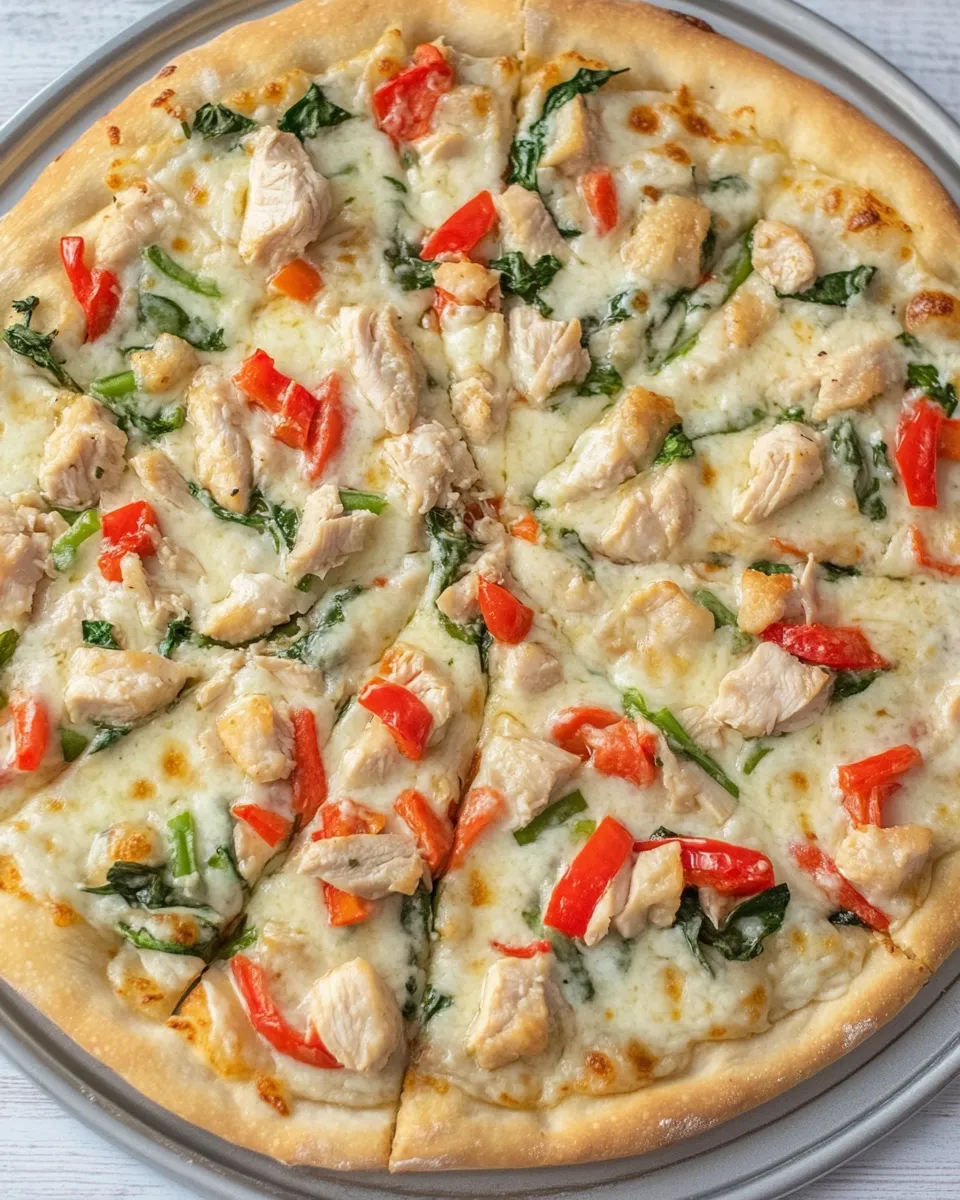 Homemade White Garlic Chicken and Vegetable Pizza photo