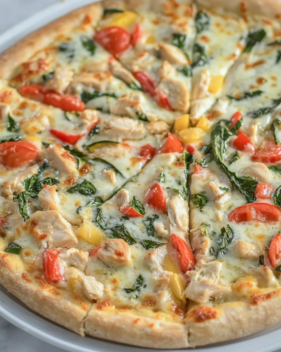 Delicious White Garlic Chicken and Vegetable Pizza shot