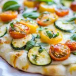 Homemade White Pizza with Tomatoes, Basil, and Zucchini photo