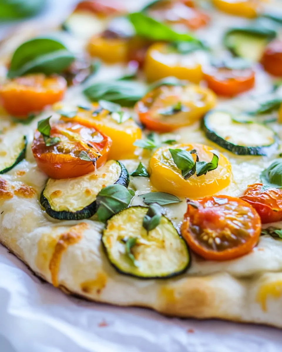 Homemade White Pizza with Tomatoes, Basil, and Zucchini photo
