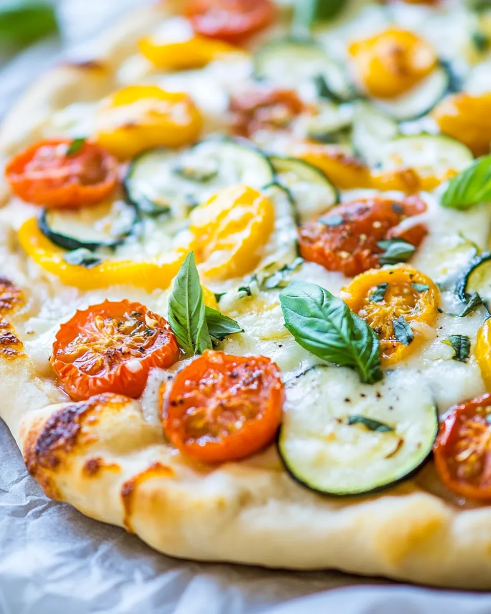 Delicious White Pizza with Tomatoes, Basil, and Zucchini shot